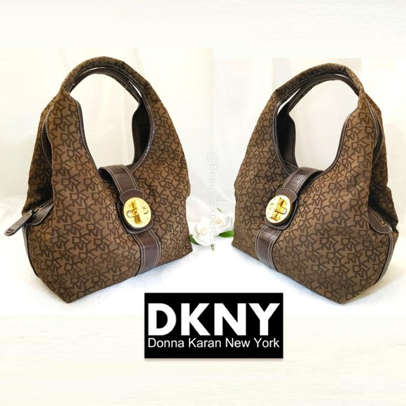 DKNY Brown Hobo Bag Monogram Jacquard Gold Buckle Turnlock Flap Shoulder… - Picture 5 of 13